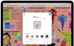 iPad Air, parte frontal, orientación horizontal, botones de volumen, botón de encendido, la pantalla muestra una interfaz de app colorida con varios íconos
