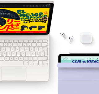 iPad Air, blanco estelar, con gráficos coloridos en la pantalla, conectado a un Magic Keyboard, con Airpods Pro y Apple Pencil Pro como accesorios