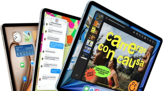 Pantallas de tres iPad Air dispuestos en forma de abanico, colores: azul, morado, blanco estelar, parte frontal, parte lateral, las apps que se muestran en la pantalla incluyen Keynote, Mensajes y la pantalla de inicio