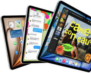 Pantallas de tres iPad Air dispuestos en forma de abanico, colores: azul, morado, blanco estelar, parte frontal, parte lateral, las apps que se muestran en la pantalla incluyen Keynote, Mensajes y la pantalla de inicio