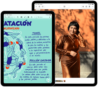 Dos iPad Air, tamaños: 11 pulgadas y 13 pulgadas, el iPad Air de 11 pulgadas muestra texto colorido en la app Notas, la pantalla del iPad Air de 13 pulgadas muestra la foto de una persona en la app Fotos