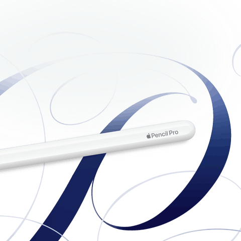 Apple Pencil Pro blanco sobre un fondo blanco con ondulaciones azules