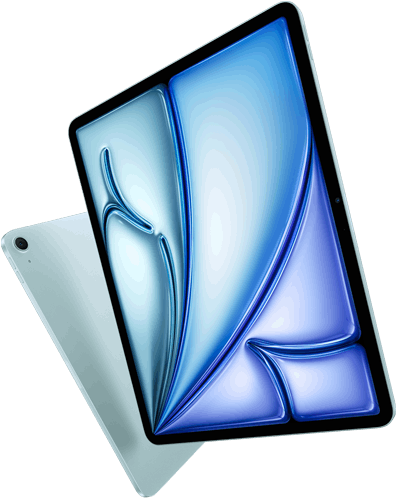 Vista frontal en ángulo de un iPad Air de 13 pulgadas que muestra una pantalla colorida, iPad Air de 11 pulgadas con vista posterior y cámara trasera gran angular de 12 MP