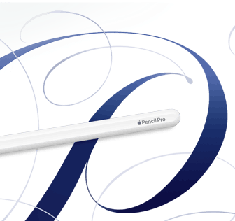 Apple Pencil Pro blanco sobre un fondo blanco con ondulaciones azules