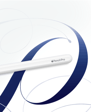 Apple Pencil Pro blanco sobre un fondo blanco con ondulaciones azules