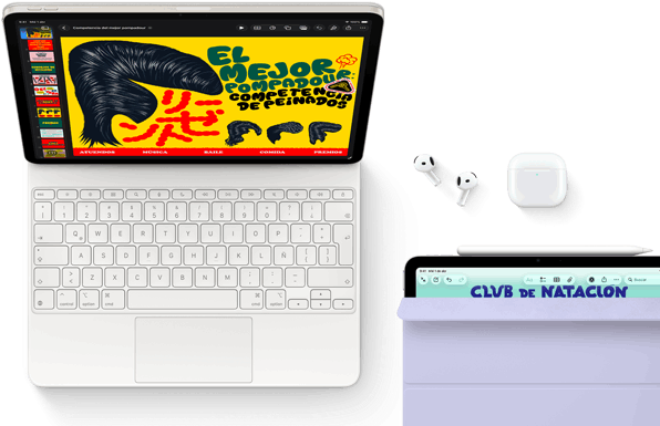 iPad Air, blanco estelar, con gráficos coloridos en la pantalla, conectado a un Magic Keyboard, con Airpods Pro y Apple Pencil Pro como accesorios
