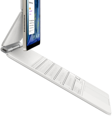 iPad Air, blanco estelar, conectado a un Magic Keyboard, color blanco, parte lateral