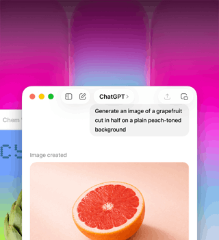 Pantalla de una MacBook Neo, se usa ChatGPT para generar una imagen de una toronja, la segunda ventana muestra la imagen de una alcachofa sobre un fondo degradado en Keynote