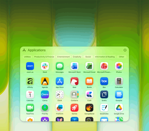 Pantalla de una MacBook Neo con la ventana Apps que contiene una gran variedad de apps