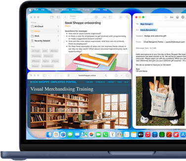 MacBook Neo, color índigo, la pantalla muestra un email de bienvenida para alguien que recién empezó a trabajar en una librería, unas ventanas en mosaico contienen un archivo de Notas sobre la incorporación y el sitio web del portal para empleados de la librería en Safari