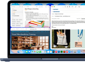 MacBook Neo, color índigo, la pantalla muestra un email de bienvenida para alguien que recién empezó a trabajar en una librería, unas ventanas en mosaico contienen un archivo de Notas sobre la incorporación y el sitio web del portal para empleados de la librería en Safari