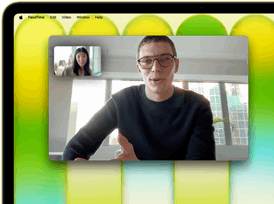 MacBook Neo, color amarillo cítrico, videollamada en pantalla, Encuadre Centrado mantiene a la persona en el centro de la imagen