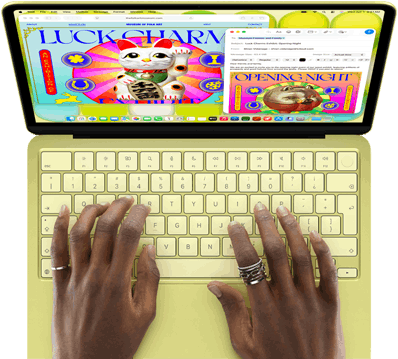 MacBook Neo, color amarillo cítrico, manos en el teclado, alguien está redactando un email con una invitación a una exposición de arte, el sitio web del evento está abierto al lado