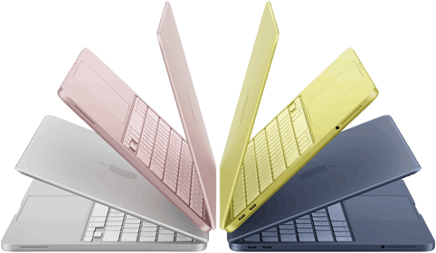 Laptops MacBook Neo en color plata, rosa rubor, amarillo cítrico e índigo, levemente abiertas y acomodadas en forma de arco