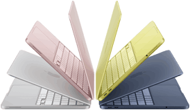Laptops MacBook Neo en color plata, rosa rubor, amarillo cítrico e índigo, levemente abiertas y acomodadas en forma de arco