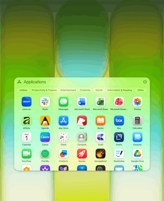 Pantalla de una MacBook Neo con la ventana Apps que contiene una gran variedad de apps