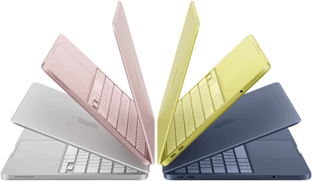 Laptops MacBook Neo en color plata, rosa rubor, amarillo cítrico e índigo, levemente abiertas y acomodadas en forma de arco