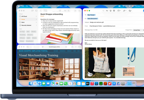 MacBook Neo, color índigo, la pantalla muestra un email de bienvenida para alguien que recién empezó a trabajar en una librería, unas ventanas en mosaico contienen un archivo de Notas sobre la incorporación y el sitio web del portal para empleados de la librería en Safari