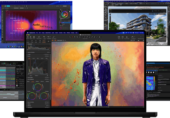 Varias imágenes con contenido colorido de apps de producción de música, diseño gráfico, animación 3D y edición de fotos en pantallas de Mac que muestran el potente rendimiento gráfico