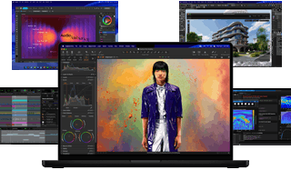 Varias imágenes con contenido colorido de apps de producción de música, diseño gráfico, animación 3D y edición de fotos en pantallas de Mac que muestran el potente rendimiento gráfico