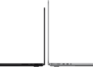 MacBook Pro de 14 pulgadas y de 16 pulgadas colocadas una contra otra, para mostrar la diferencia de tamaño y destacar el perfil delgado