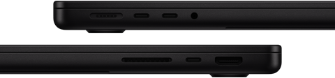 Vista de los puertos de la MacBook Pro, lado izquierdo: MagSafe 3, dos puertos Thunderbolt y entrada para audífonos, lado derecho: ranura para tarjeta SDXC, un puerto Thunderbolt y puerto HDMI