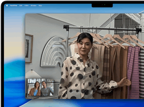 Una videollamada en una MacBook Pro en la que una mujer muestra retazos de tela a dos personas en la llamada, Encuadre Centrado la mantiene centrada en el encuadre mientras se mueve