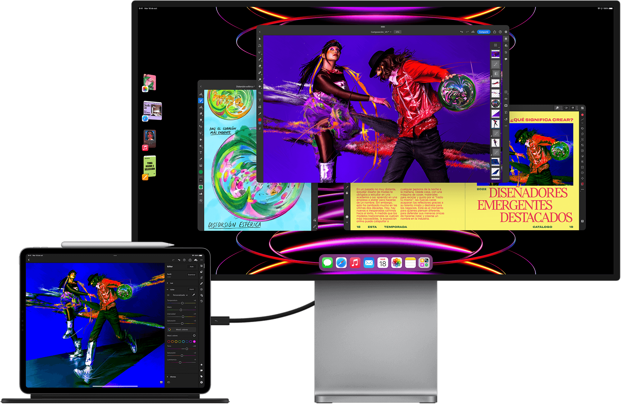 Un iPad Pro muestra la app LumaFusion y está conectado a un monitor externo donde se ven varios proyectos en el Organizador Visual.