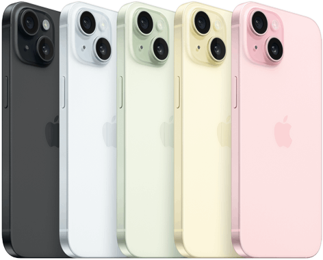Vista posterior del iPhone 15 que muestra el sistema avanzado de cámaras y el vidrio con infusión de color en todos los acabados: negro, azul verde, amarillo y rosa.