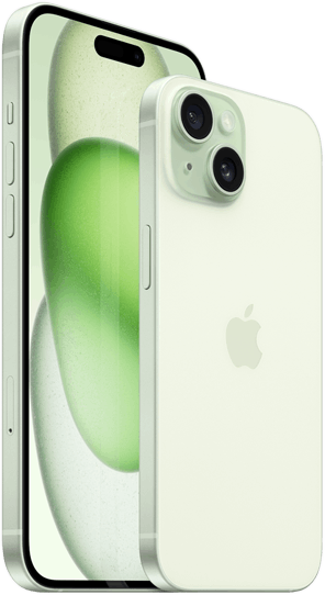 Vista de un iPhone 15 Plus de 6.7&nbsp;pulgadas y un iPhone&nbsp;15 de 6.1 pulgadas al lado para comparar su tamaño.