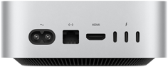Vista de los puertos en la parte trasera de una Mac mini color plata: un puerto HDMI, un puerto Ethernet, tres puertos Thunderbolt y entrada de cable de corriente