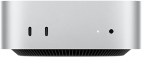 Vista de los puertos en la parte delantera de una Mac mini color plata