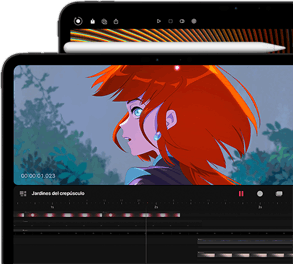 Un iPad Pro de 11 pulgadas con un Apple Pencil Pro adherido y un iPad Pro de 13 pulgadas detrás. Los dos modelos muestran imágenes coloridas, brillantes e intensas en la pantalla Ultra Retina XDR