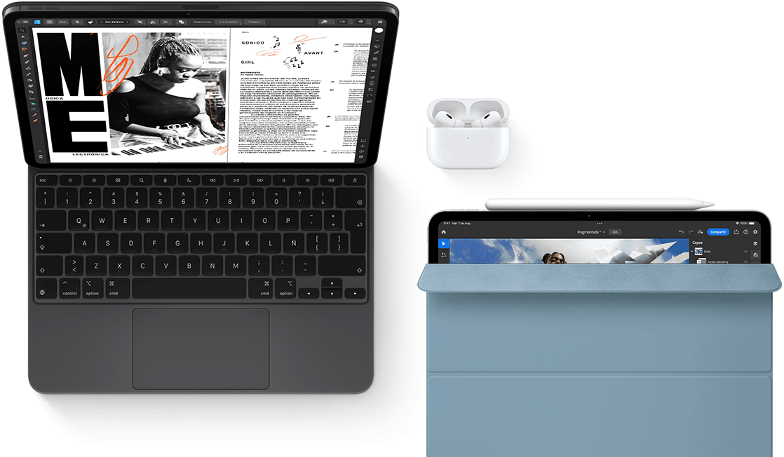 Un iPad Pro con un Magic Keyboard y Airpods Pro. Otro iPad con un Apple Pencil y Smart Folio