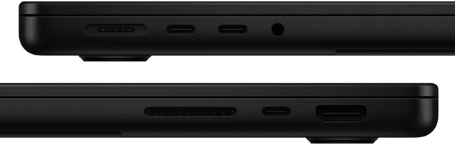 Vista de los puertos en la MacBook Pro. Lateral izquierdo: MagSafe, dos puertos Thunderbolt y una entrada para audífonos. Lateral derecho: SDXC, un puerto Thunderbolt y HDMI