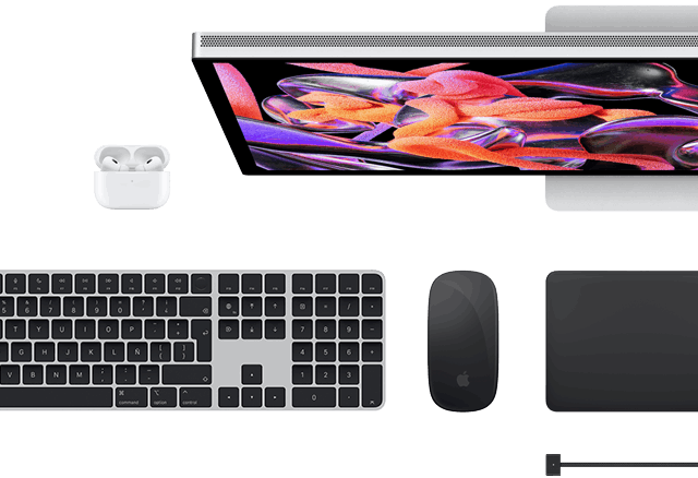 Accesorios para la Mac: AirPods, Studio Display, Magic Keyboard, Magic Mouse, Magic Trackpad y cable de carga en negro espacial