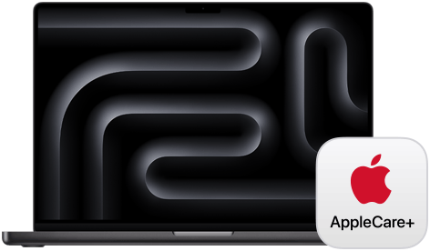 Logo del AppleCare+ junto a una MacBook Pro
