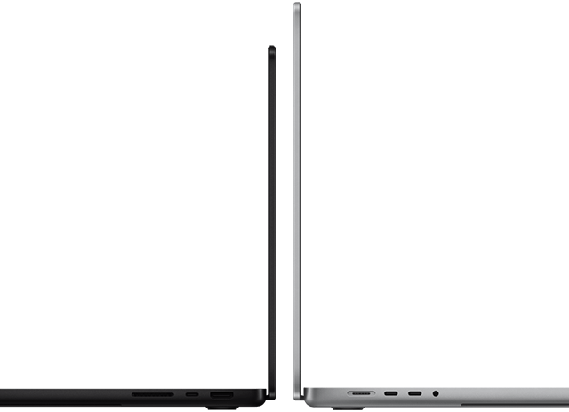 MacBook Pro de 14 pulgadas y de 16 pulgadas colocadas una contra otra, para mostrar la diferencia de tamaño y destacar el perfil delgado