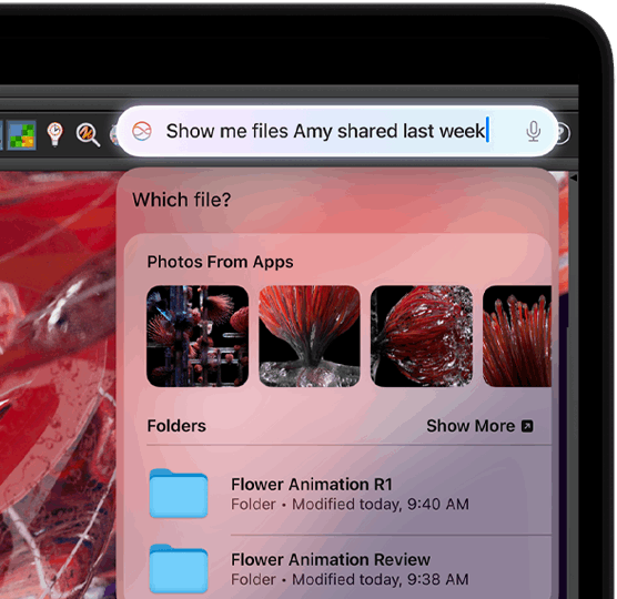 Una persona teclea una solicitud a Siri para encontrar archivos mientras trabaja en la app Houdini