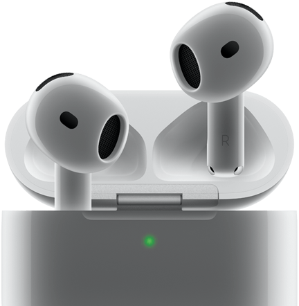 Imagen de los AirPods 4 saliendo del estuche, el estuche tiene una luz verde.