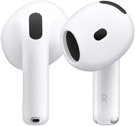 Imagen de la parte posterior y frontal de un par de AirPods. El de la derecha tiene la letra R en la parte inferior para indicar que va en el oído derecho