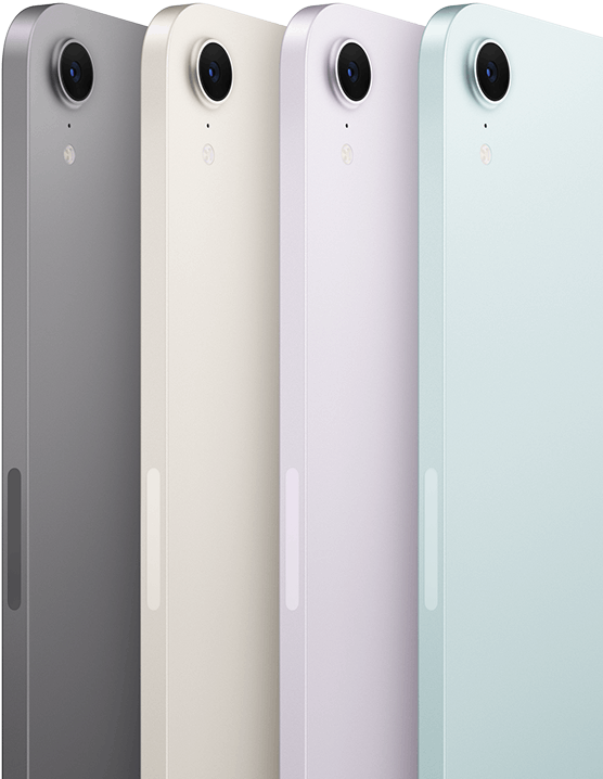Vista posterior que muestra la cámara de cuatro modelos de iPad mini en los colores disponibles: gris espacial, blanco estelar, morado y azul