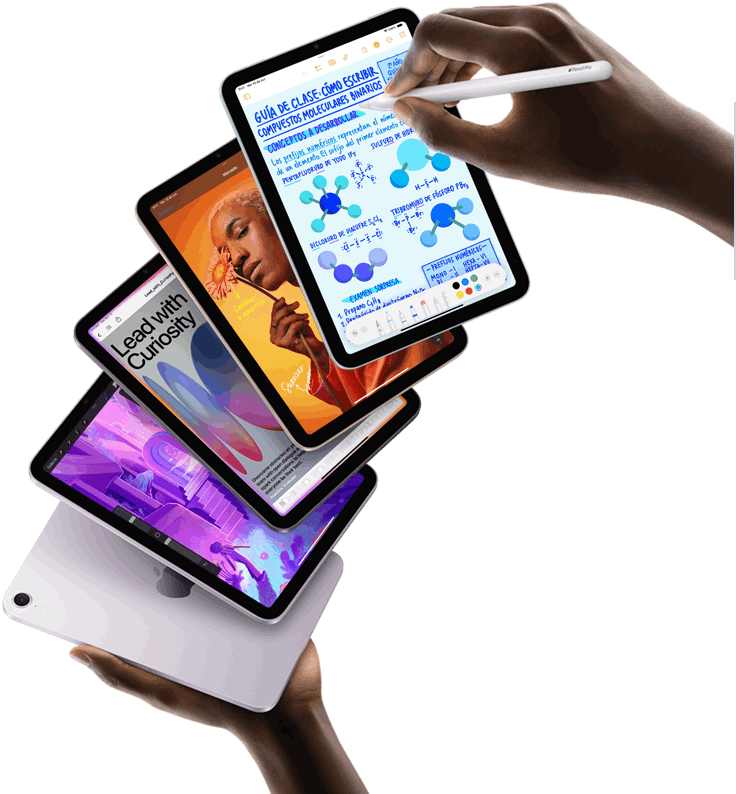 Las manos de un usuario sostienen cinco modelos de iPad mini formando un abanico. Un modelo muestra la cámara trasera y los otros cuatro muestran la parte frontal. Se usa un Apple Pencil Pro para tomar notas