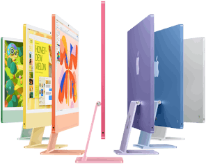 iMac Brillante. Vista de varias iMac en verde, amarillo, naranja, rosa, morado, azul y color plata