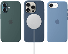 Distintos accesorios MagSafe para el iPhone. Funda de silicón con MagSafe para el iPhone 16, verde lago, funda de silicón con MagSafe para el iPhone 16 Pro, azul denim, conectada a un cargador MagSafe, blanco, funda de silicón para el iPhone 16e, azul invierno