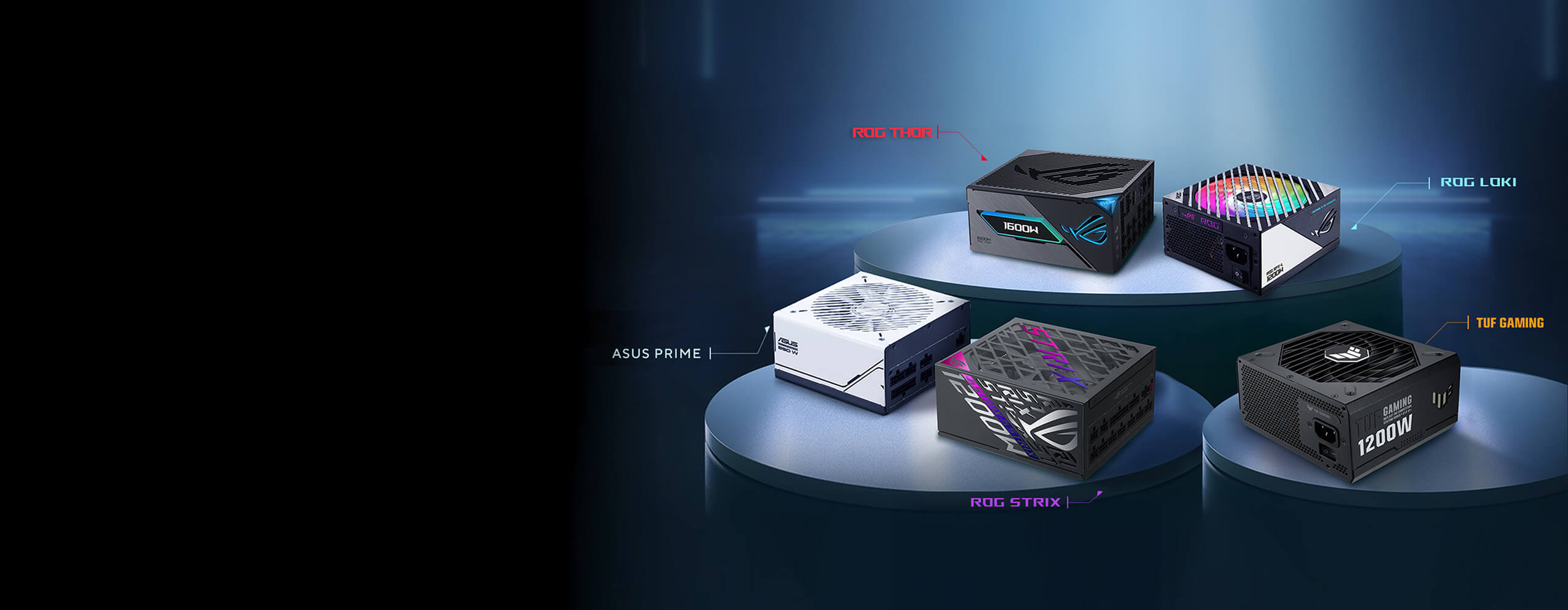 ROG THOR, ROG LOKI, ROG STRIX, TUF GAMING, PRIMES SERIES PSU foto de grupo en los podios