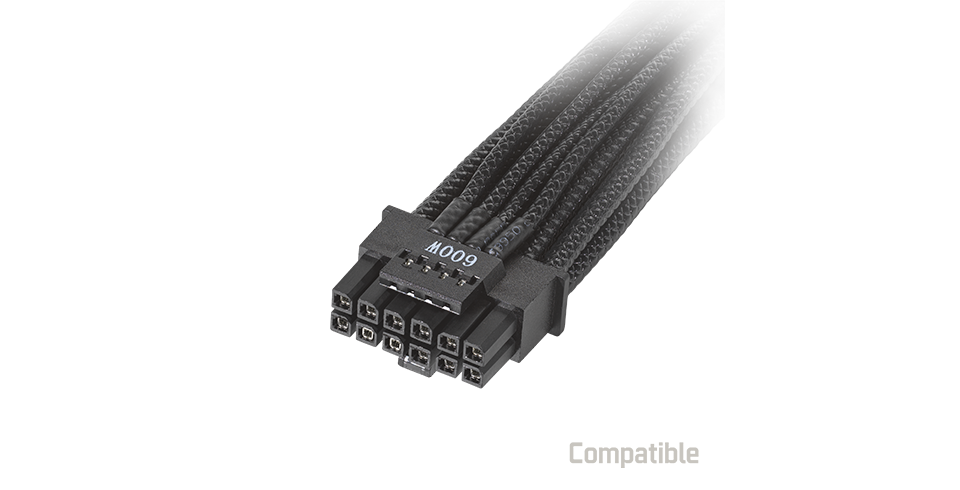 PCIe 5.0 600W power cable with ATX 3.0 compatible logo